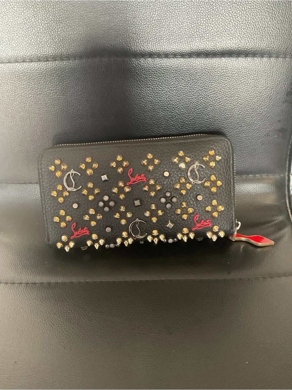 Christian Louboutin Black Studded Zip-Around Wallet with Red Logo Accents - Picture 2 of 7